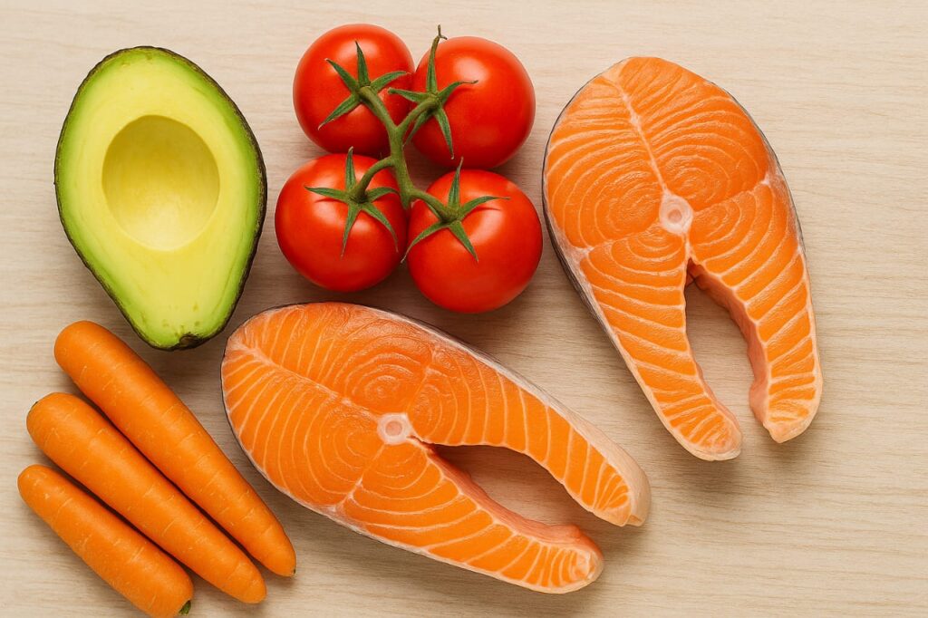 foods for healthy and glowing skin with salmon, avocado, carrots, nuts, and watermelon