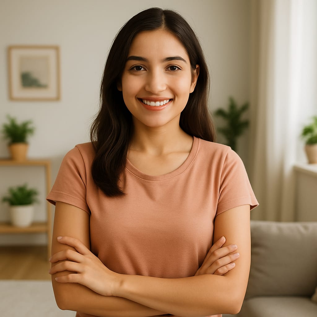 Young woman smiling indoors representing natural health and wellness