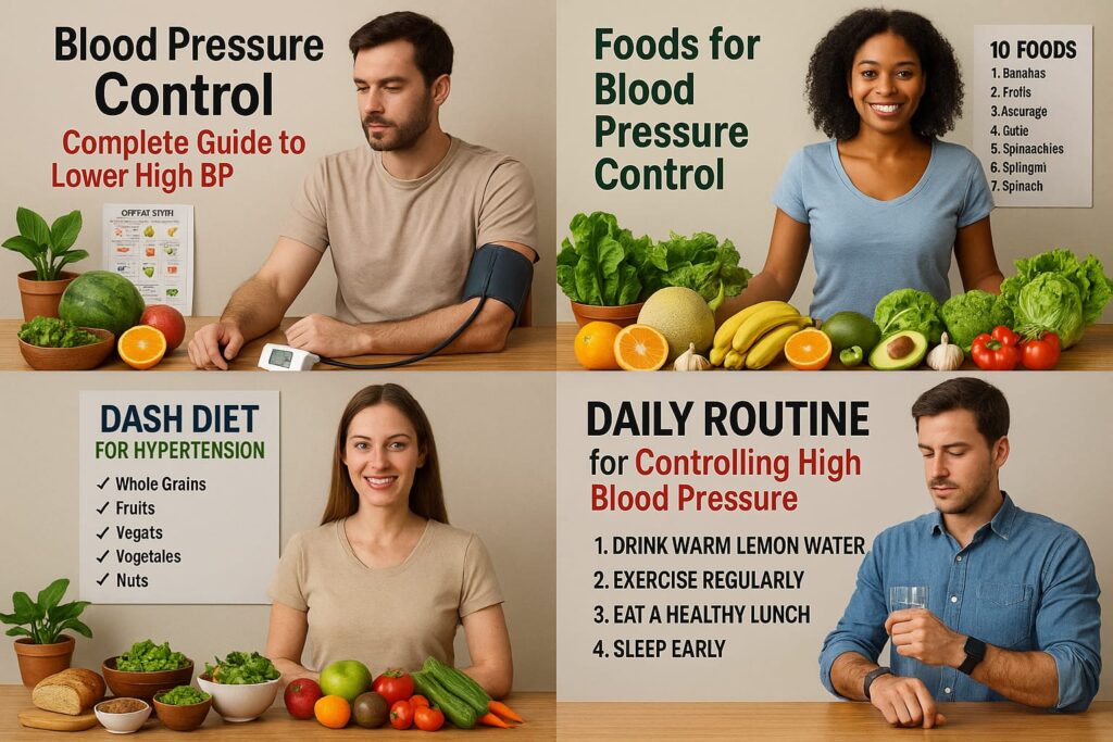 man checking blood pressure and woman showing healthy foods for blood pressure control