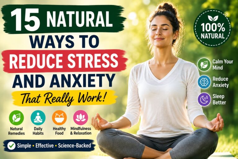 Text: 15 Natural Ways to Reduce Stress and Anxiety Naturally with Healthy Daily Habits