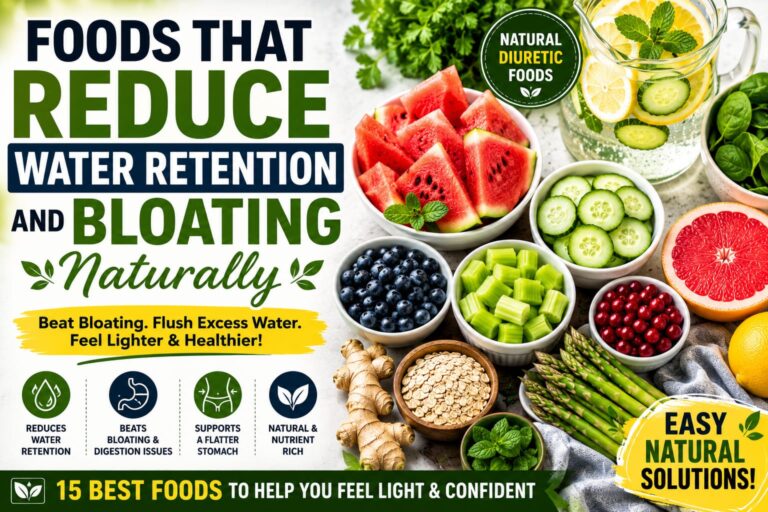 Foods That Reduce Water Retention Naturally including cucumber, watermelon, grapefruit, and other healthy foods for reducing bloating