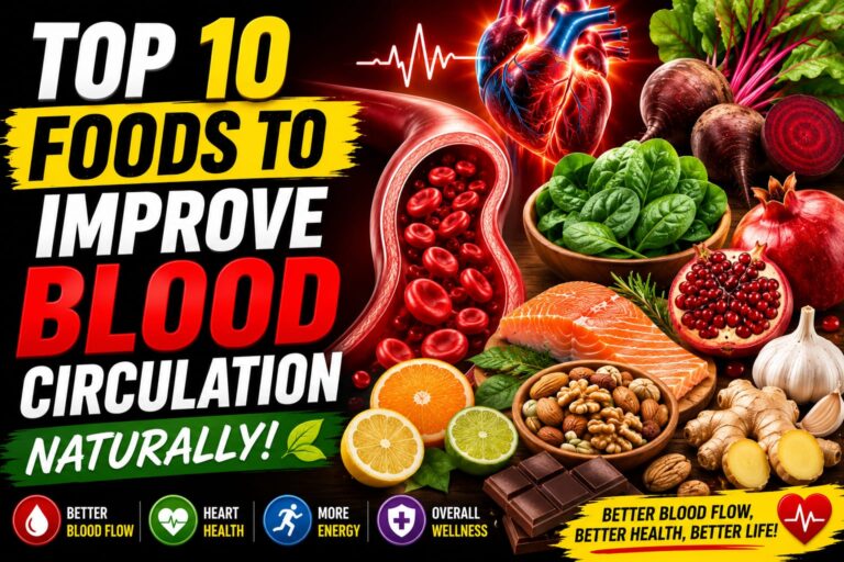 Foods to improve blood circulation naturally including beetroot, garlic, salmon, leafy greens, and pomegranate