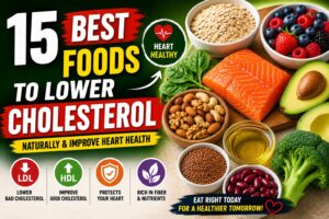 15 Best Foods to Lower Cholesterol Naturally and Improve Heart Health 15 Best Foods to Lower Cholesterol Naturally including oats, nuts, salmon, avocado, berries, and olive oil for heart health