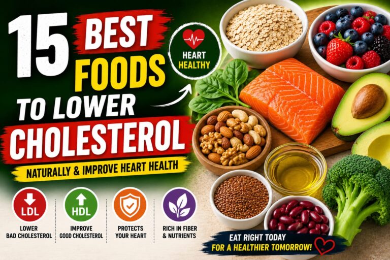 15 Best Foods to Lower Cholesterol Naturally including oats, nuts, salmon, avocado, berries, and olive oil for heart health