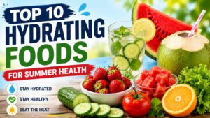 Top 10 Best Hydrating Foods for Summer Health Hydrating foods for summer health including watermelon, cucumber, strawberries, oranges, coconut water, and other water-rich foods