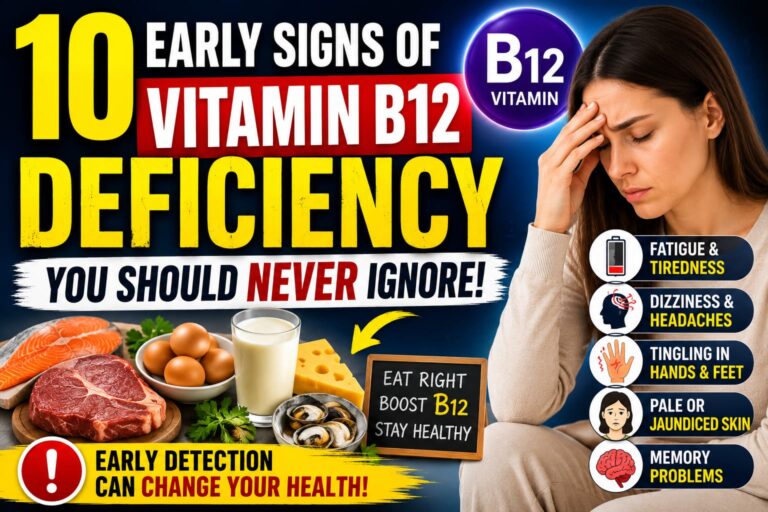 Vitamin B12 Deficiency Signs and Symptoms infographic showing early warning signs of low vitamin B12 levels