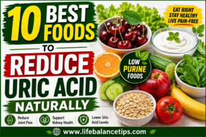 10 Best Foods to Reduce Uric Acid Naturally including cherries, yogurt, citrus fruits, cucumbers, leafy greens, bananas, tomatoes, oats, and watermelon.