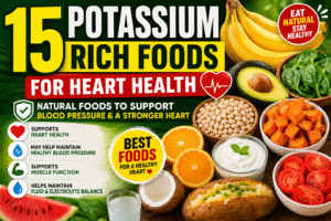 Fresh potassium rich foods including bananas, spinach, sweet potatoes, avocado, beans, tomatoes, yogurt, and oranges for heart health.