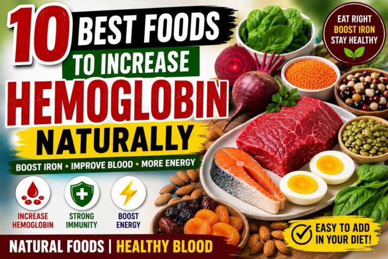 Foods to Increase Hemoglobin Naturally with spinach, lentils, beetroot, eggs, pumpkin seeds, and leafy greens.
