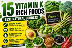 Vitamin K Rich Foods including spinach, kale, broccoli, avocado, and other natural sources for strong bones and heart health