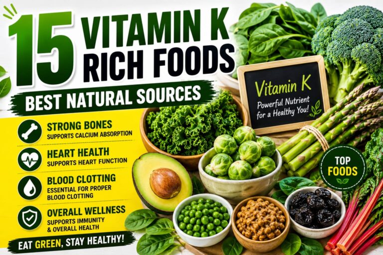 Vitamin K Rich Foods including spinach, kale, broccoli, avocado, and other natural sources for strong bones and heart health