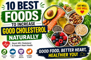 10 Best Foods to Increase Good Cholesterol Naturally including avocado, salmon, olive oil, nuts, oats, berries, beans, soy foods, and dark chocolate.