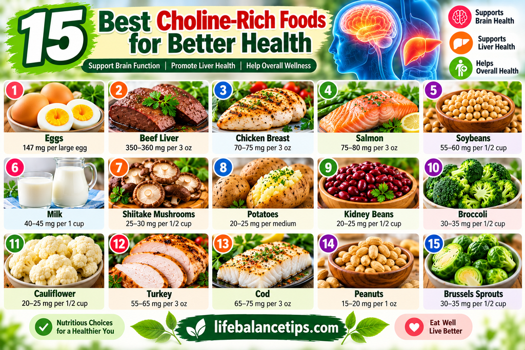 15 Best Choline-Rich Foods for Better Health choline rich-foods including eggs, salmon, chicken, soybeans, milk, and broccoli3