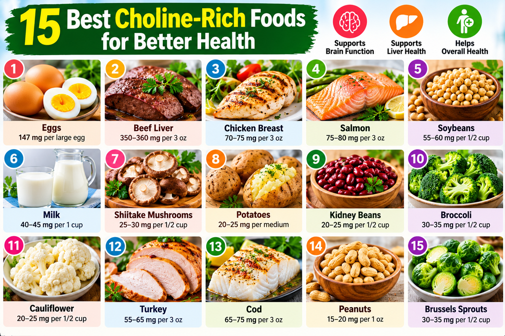 15 Best Choline-Rich Foods for Better Health Choline-rich-foods including eggs, salmon, chicken, soybeans, milk, and broccoli