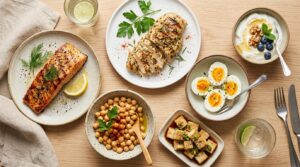 15 Best High-Protein Foods for Weight Loss and Muscle Health high protein foods including eggs, chicken, salmon, lentils, yogurt, tofu, and nuts
