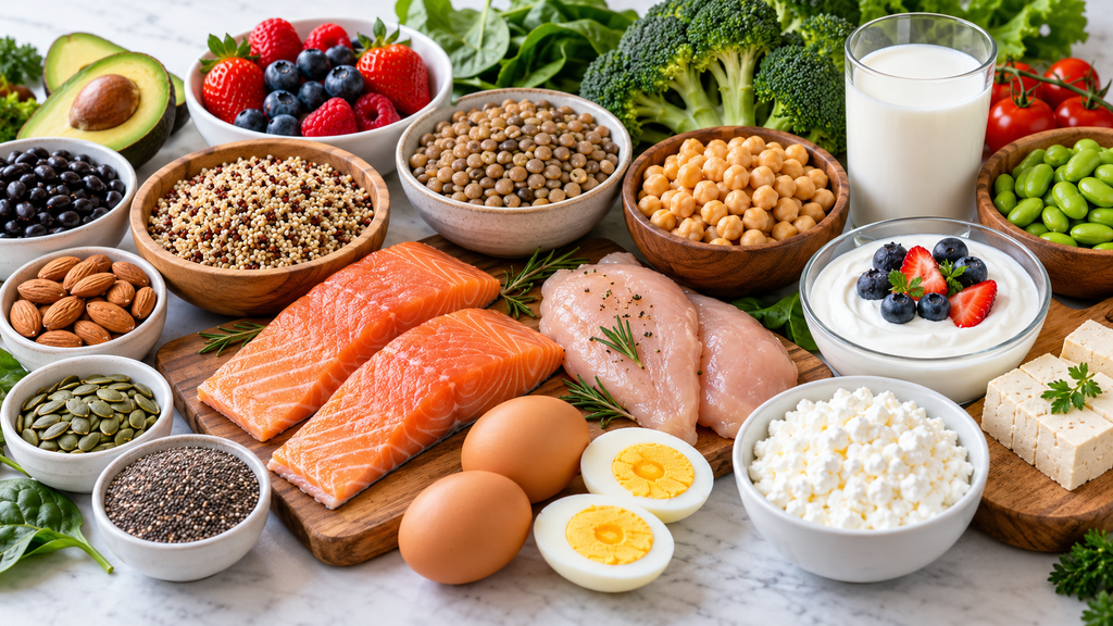 15 Best High-Protein Foods for Weight Loss and Muscle Health high-protein foods including eggs, chicken, salmon, lentils, yogurt, tofu, and nuts