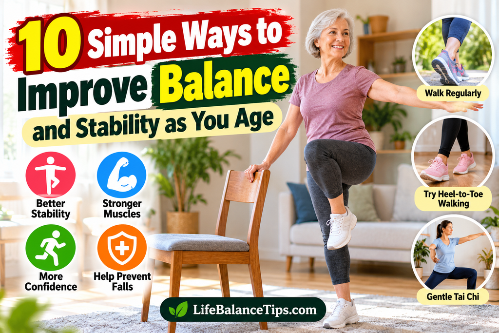 10 Simple Ways to Improve Balance and Stability as You Age how to improve balance older woman practicing a supported balance exercise at home