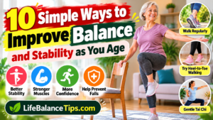 older woman practicing a supported balance exercise at home