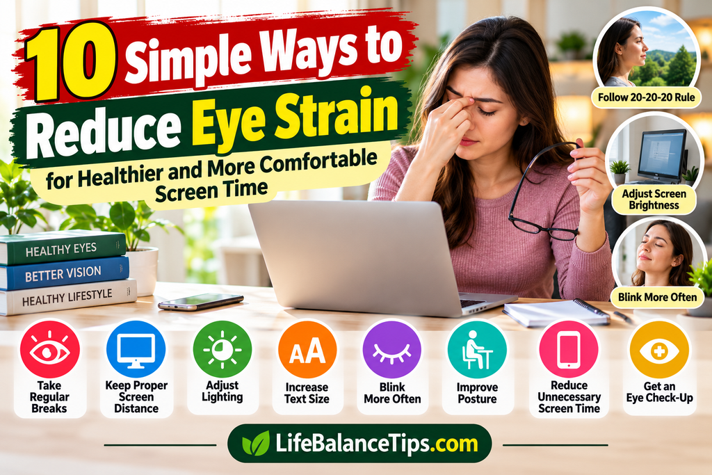 how to reduce eye strain Person using a laptop at a desk with comfortable lighting to help reduce digital eye strain